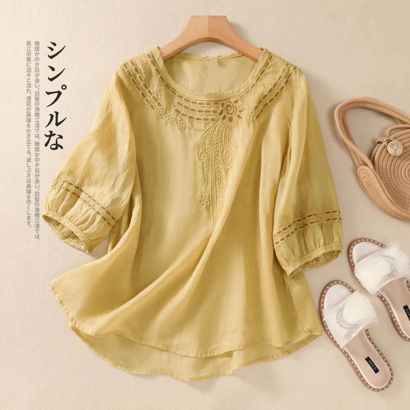New Literary Retro 2024 Summer Cotton and Linen Embroidered Half-Sleeved Tops, Slim, Loose and Versatile Pullover Shirts