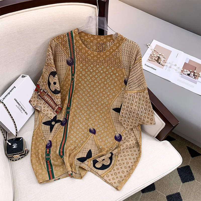 High-end European-made Diamond-encrusted Short-sleeved T-shirt Women's Summer Thin Ice Silk Knitted Shirt Loose Slim Belly-covering Top