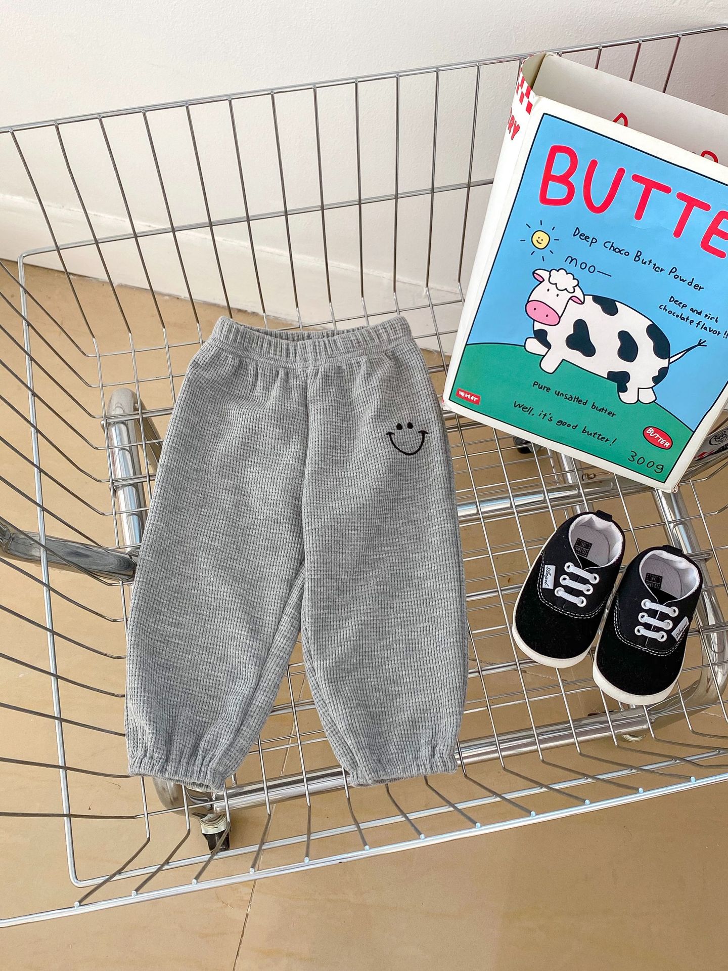 Picture of 2024 Spring Children's pants cute bear waffle pants thin outer wear baby baby casual ankle-tied pants
