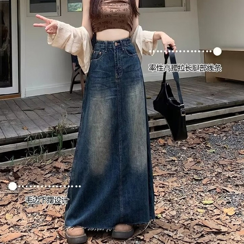 New Vintage Washed Denim Skirt for Women, Spring and Autumn, Retro Straight A-Line Design, Slimming Long Skirt
