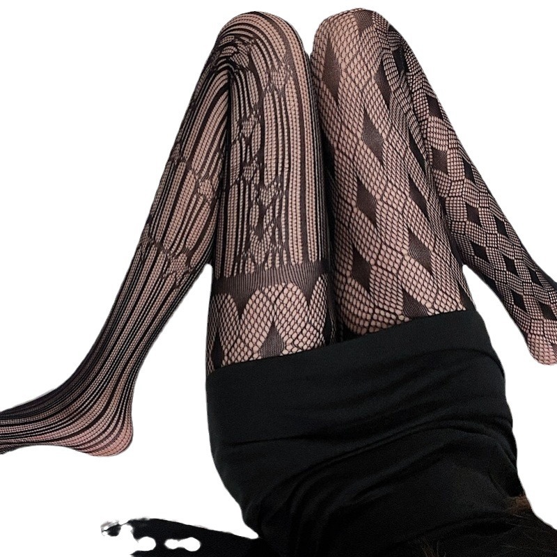 Picture of Dark Hollow Rhomboid Star Asymmetric Net Stockings Women's Pantyhose Women's Distinctive Black Silk Japanese Lolita Base Socks