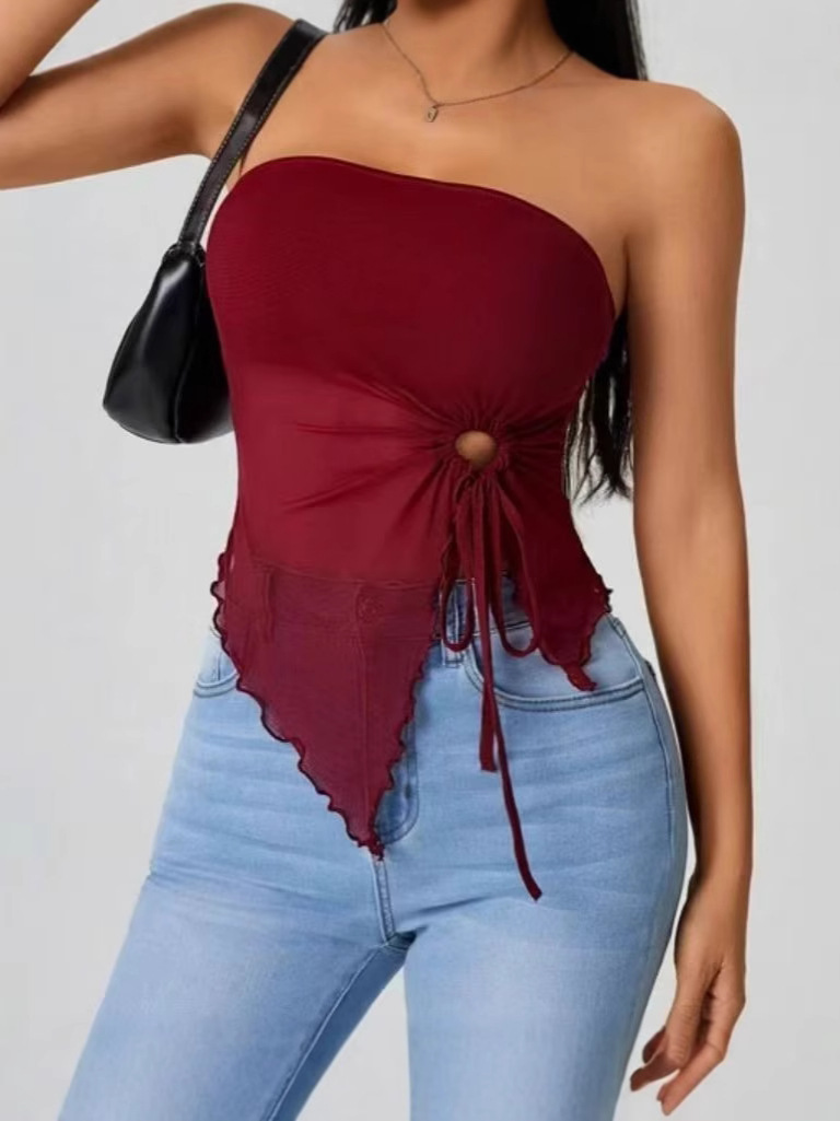 2024 European and American Cross-border Women's Sexy Spice Girl Drawstring Pleated Split Slimming Irregular Strapless Vest Top