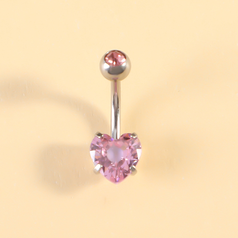 Picture of European and American Double Diamond Four-Claw Heart Zircon Fashionable Navel Ring Stainless Steel Navel Nail Trendyy Stainless Steel Navel Button