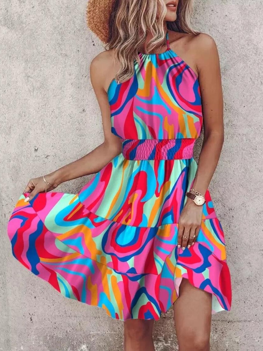 2024 AliExpress New Fashion Printed Bohemian Sexy Shoulder Neck Backless Stitching Waisted dress