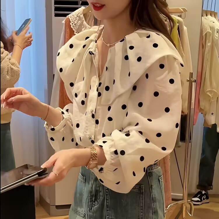 Baby Doll Collar Long-Sleeved Shirt for Women 2025 Spring New Korean Style Sweet Style Contrasting Polka Dot Single-Breasted Casual Shirt