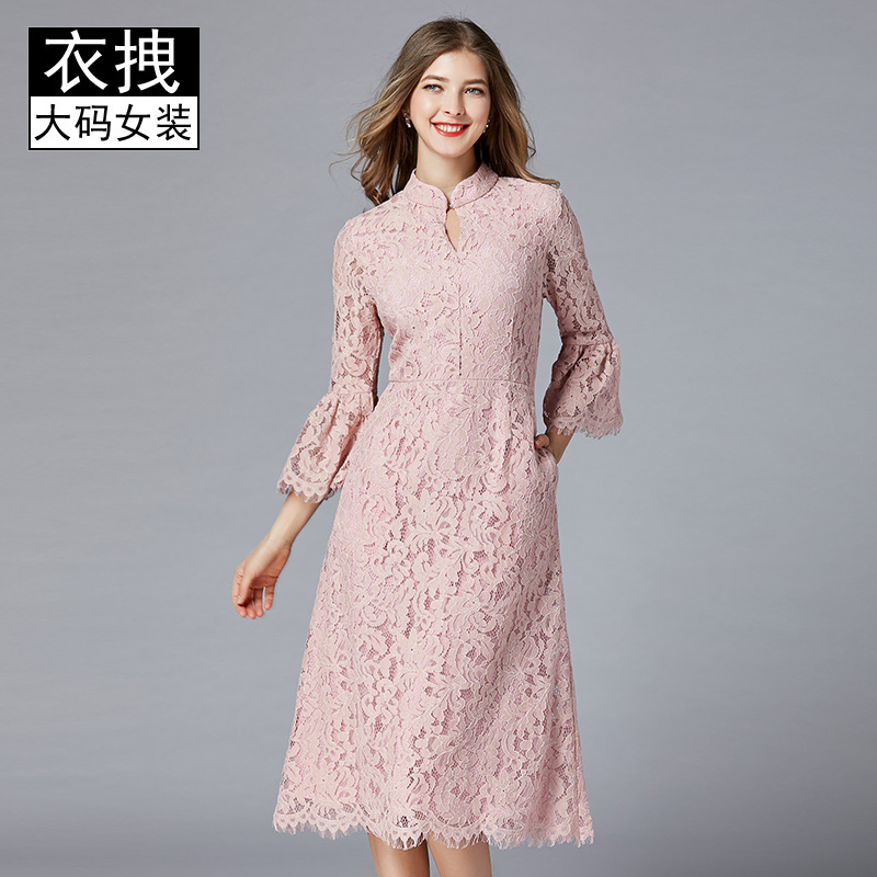 2021 New Women's Spring Dress Trumpet Sleeve Retro Loose Mid-length Dress Lace Dress Female Chubby Sister Dress