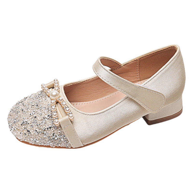 High-Heeled Girls Princess Shoes Spring & Fall 2025 New Little Girl Leather Shoes with Dress Soft-Soled Kidsren's Crystal Shoes Flats