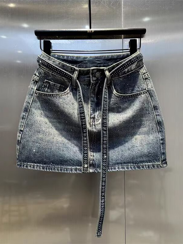 Plus Size Retro Gradient Hot Diamond Denim Skirt for Women Summer Fat mm High Waist Slimming Look Hip-Covering A-Line Short Skirt