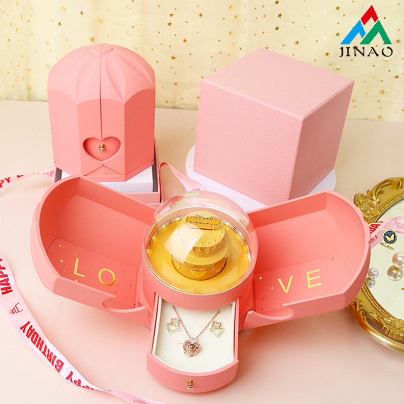 Creative Birthday Packaging Jewelry Box Double Open Sand Velvet Gold Cake Gift Box with Light Jewelry Necklace Ring Box