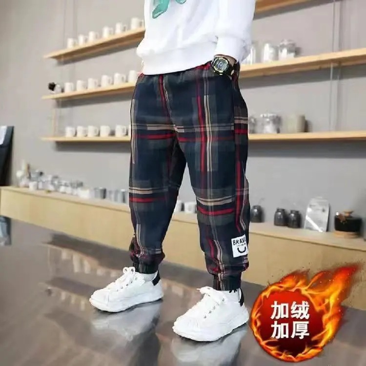 Children's Wear Autumn and Winter Boys' Plaid Pants fleece-lined Large Children's One-piece Velvet Casual Pants Children's Western-style Sports Pants Trendy
