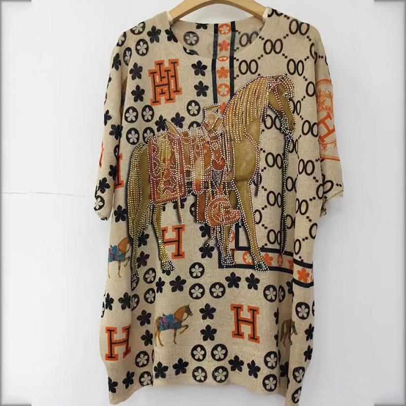 (50.00 kg-90.00 kg Loose Large Edition Temperament Hot Drilling T-shirt Female Ice Hemp Silk Mother Tie-Dye Short Sleeve Western Style Small Shirt