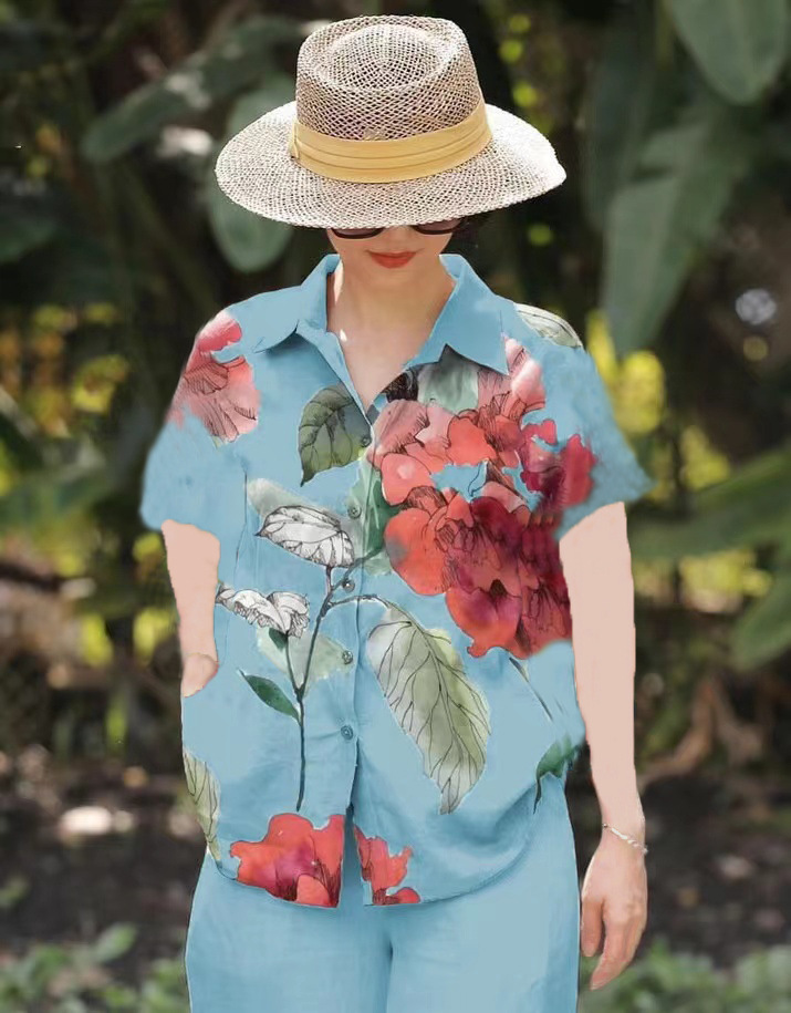 Picture of Amazon Spring and Summer plus size Loose chubby girl Elegant Casual Stylist Age-reducing Printed Shirt with Short Sleeve Lel