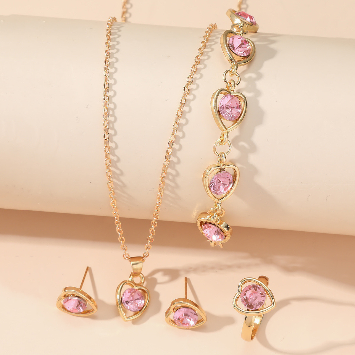 Picture of Amazon Cross-border European and American Crystal Love Jewelry Fashion Temperament Peach Heart Necklace Earrings Ring Bracelet Four-piece Set
