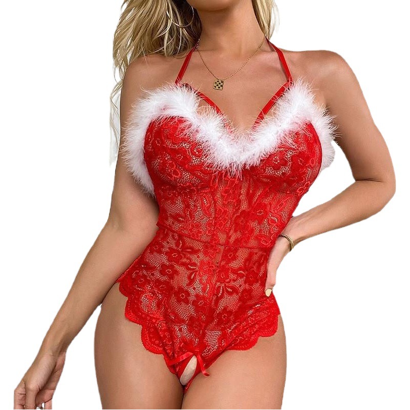 Sexy underwear foreign trade cross-border sexy lace perspective open crotch backless conjoined Christmas uniform wholesale 1785