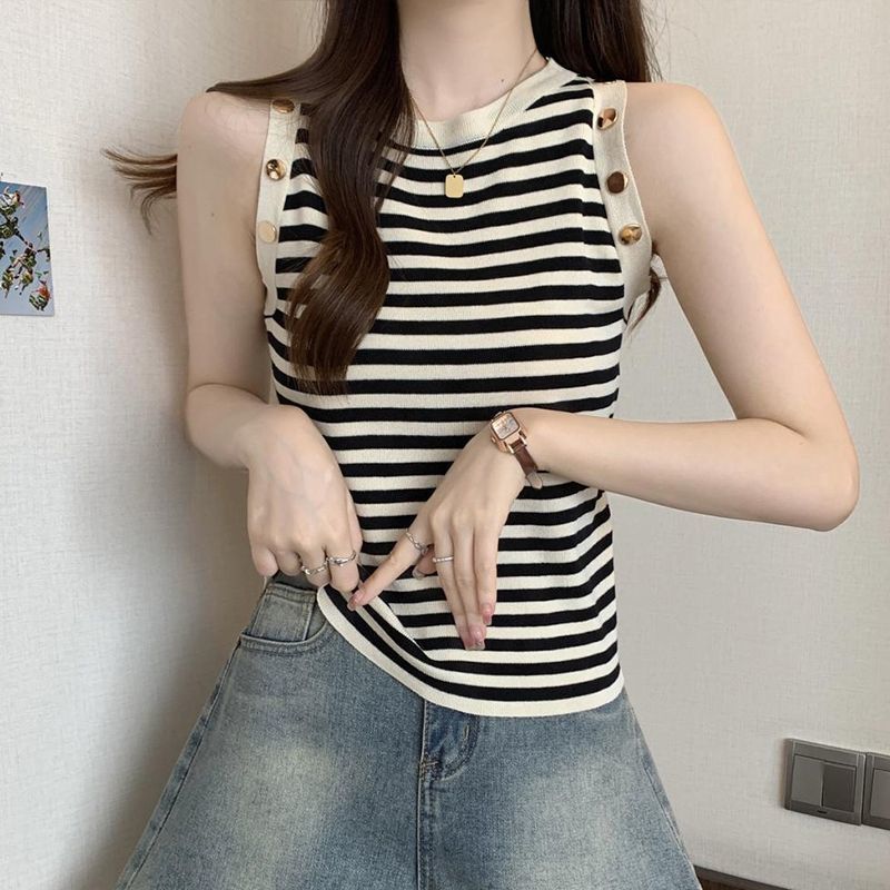 Picture of 2025 New Summer Style Slimming Inner Design Ice Silk T-Shirt Sleeveless Bottoming Stripesd Camisole for Women