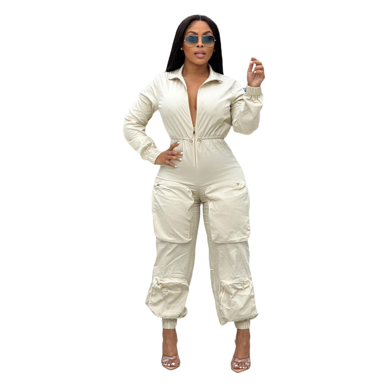 Independent station cross-border new women's European and American waist overalls metal zipper bread bag casual trousers