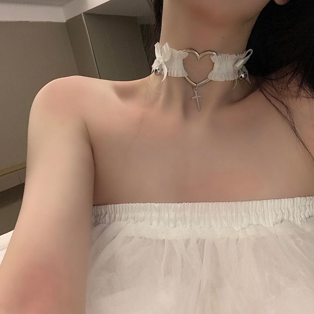 White Sexy and Cute Heart-Shaped Leg Collar Lace Peach Heart Elastic Adjustable Jk Punk Collar Accessories