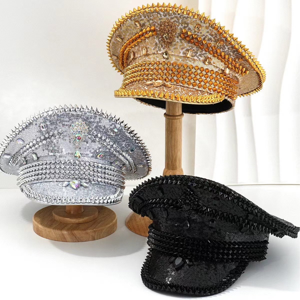 Cross-Border Rhinestone Navy Hat Outdoor Y2K Autumn Hat Women's Large Head Circumference Rhinestone Warm Hat Party Newsboy Hat