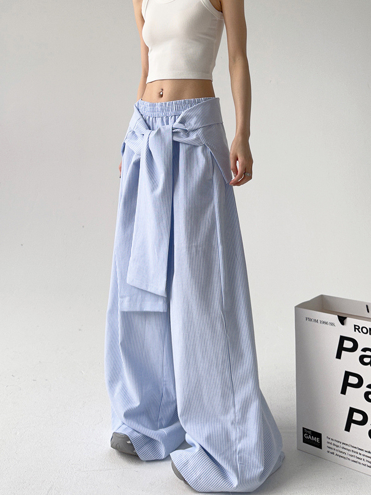 Picture of Foreign Trade Hot Sale Blue Striped High Waist Casual Pants Spring and Autumn Strap Waist Seal Design Loose Wide Leg in stock Trousers