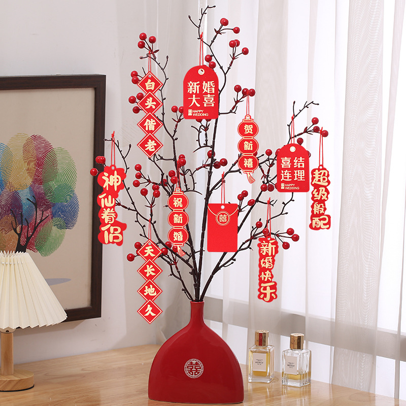 Picture of Red Fruit Branch Artificial Flower Holly Fruit Artificial Flower Red Berry Living Room Housewarming New Year Decoration Spring Festival Blessing Bucket Flower Arrangement Accessories