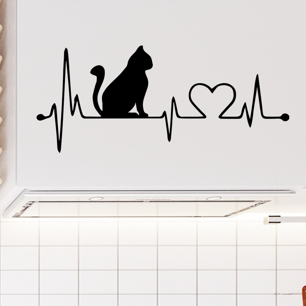 Af2776 Black Finely Carved Cat Heartbeat Wall Sticker Home Decoration Cross-Border Bedroom Home Couple Wall Sticker
