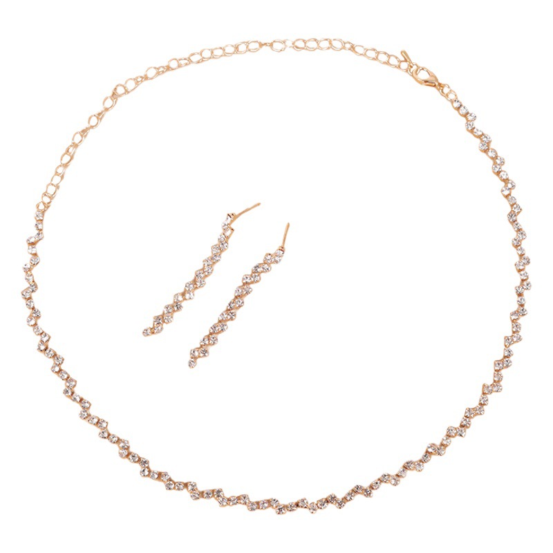 Cross-border e-commerce hot sourcing bridal wedding fashion diamond necklace earrings two-piece jewelry suit wholesale