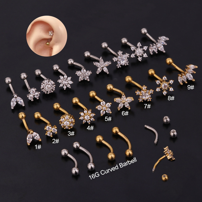 Foreign trade new curved rod ear snail stainless steel zircon eyebrow nail creative fashion cross-border ear piercing jewelry wholesale
