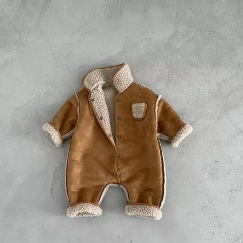 Ins Korean-style Baby Winter Wear Double-sided Jetsuit Vintage Velvet Thickened Lamb Wool Thick Warm Climbing Wear