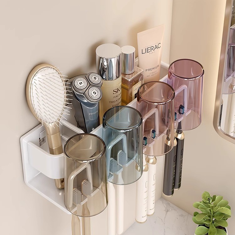 Picture of Toothbrush Storage Rack Non-Punch Brush Cup Mouthwash Cup Rack Wall-Mounted Bathroom Household Toothware Hanger