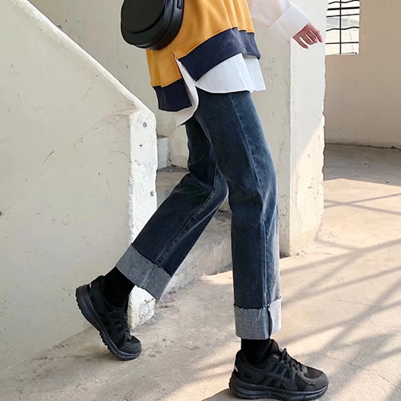 dark blue Curl Jeans Women's 2023 New Autumn and Winter Loose High Waist Slimming All-match Straight Wide Leg Pants