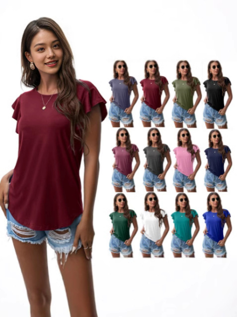 Cross-Border Export Amazon 2023 New Women's Tops Round Neck Pure Color Lotus Leaf Sleeve Short-Sleeved T-Shirt