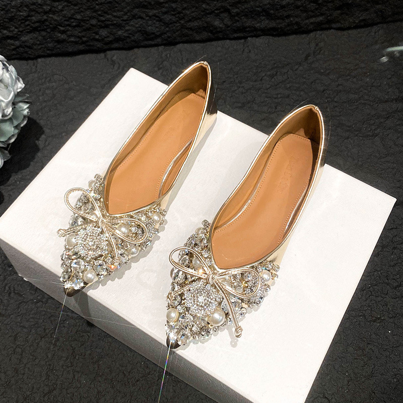 2025 New Pointed Toe Bow Shoes Women's Easiest for Match Shallow Mouth Rhinestone Fairy Shoes Flat Large Size Women's Shoes 41 to 43