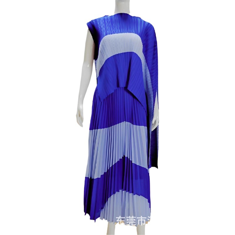 Miyaki dress Miyake Pleated European and American Style Fashion Spliced Color Irregular Top Skirt Two-Piece Set