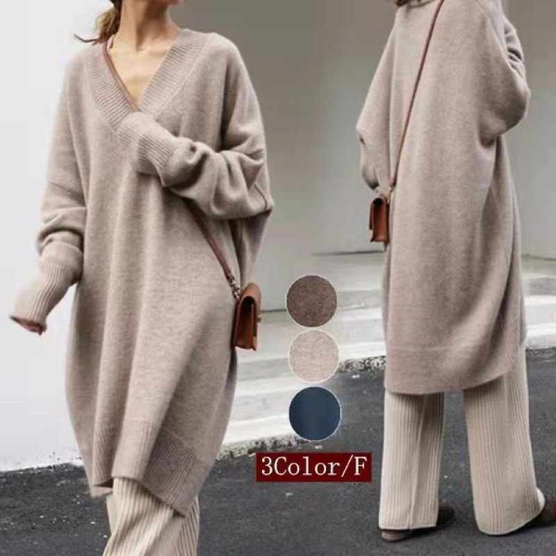 Japanese-Korean Style 2022 Autumn and Winter New V-neck Mid-length Knitted Pullover Thickened Sweater Women's Cross-border Women's Clothing