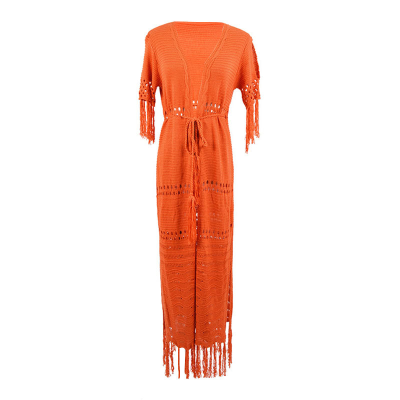Picture of European and American Tassel Knitted Cardigan with Braided Belt, Long Beach Outwear, Swimsuit Cover-Up, Sun Protection Clothing, Blouse for Women