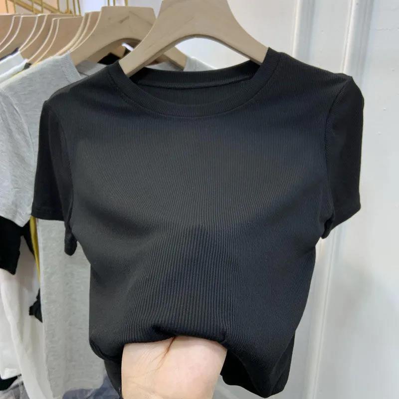 Picture of Ice Silk Thread White T-Shirt Women's Short-sleeved Summer New Slim-fit Solid Color All-match Base Shirt Thin Top Ins Trendy