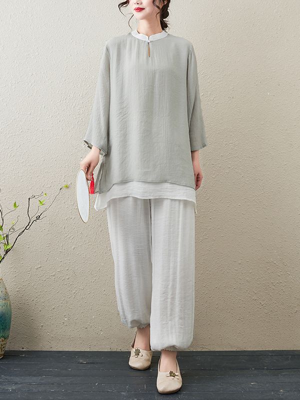 2023 Summer New Cotton and Linen Zen Tea Suit Nine-point Sleeve Top Stretch Waist Trousers Yoga Suit Two-piece Suit for Women