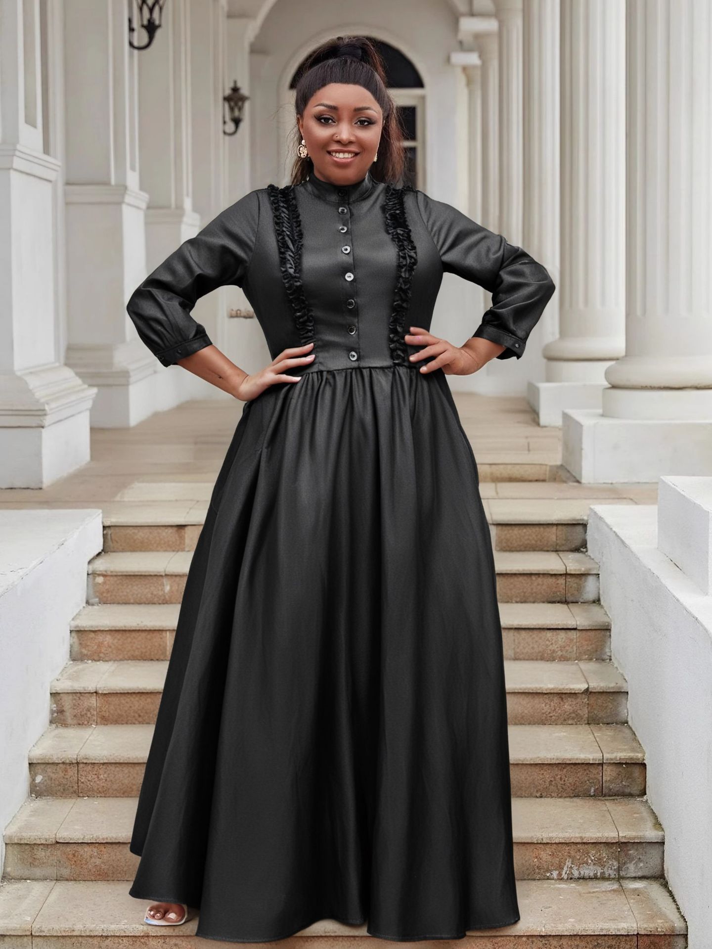 Cross-border New Women's Elegant Half-high Collar and Seven-point Sleeve Ruffled Stitching Court-style Large Swing dress Dress