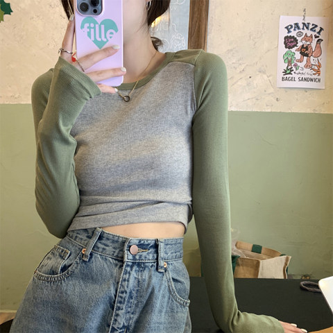 Base Shirt Women's Autumn New Casual Contrast Color Inner Top Women's Slim-fit Slimming Sweet Spice Girl's Long-sleeved T-shirt