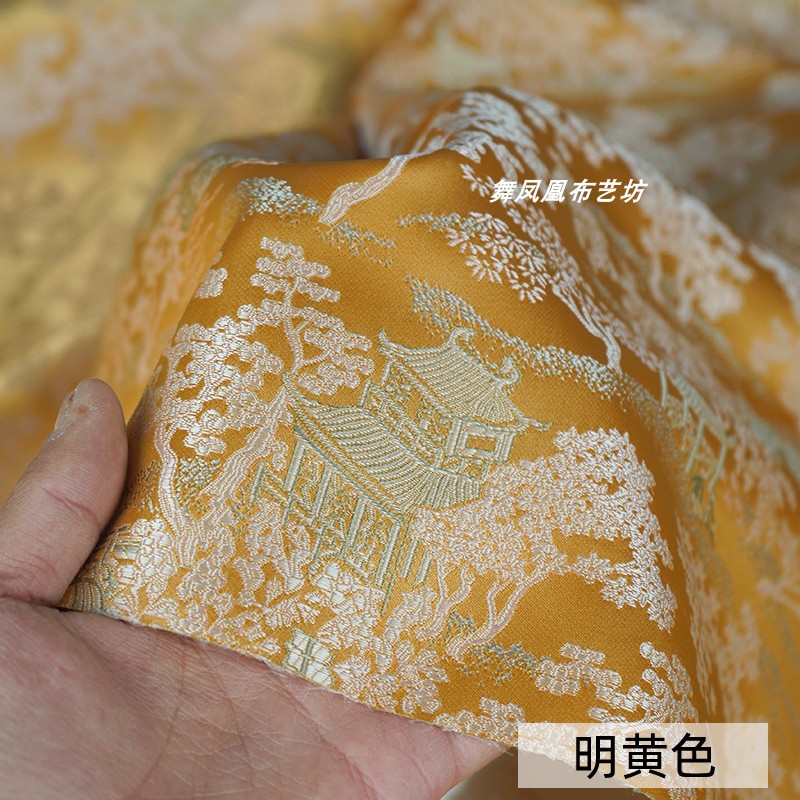 Picture of Bright Yellow Qingming Riverside Scene Brocade Fabric, New Chinese Jacquard Song Brocade Silk Jacket Vest Fabric