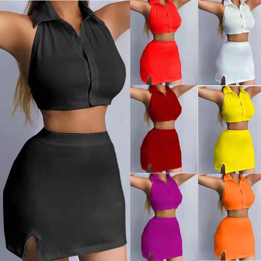 2023 New Women's Dress Suit Spring and Summer Amazon European and American Strap POLO Collar Open Waist Skirt Casual Simple