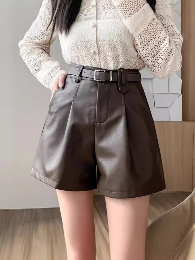 High Waist PU Leather Shorts Women's Autumn and Winter New Light Leg Artifact A Character Straight Casual Pants Korean Style Base Boots Pants