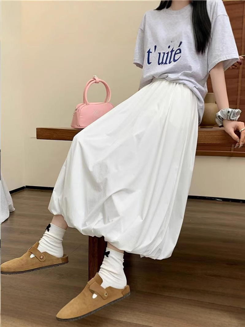 Elastic Waist Slimming Lantern Bud Skirt Women's Summer 2025 New White Long Skirt Mid-Length Puffy Skirt