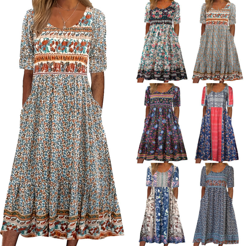 2025 European and American Amazon Summer New Women's Round Neck Short-Sleeved Long Skirt Bohemian Printed Dress for Women