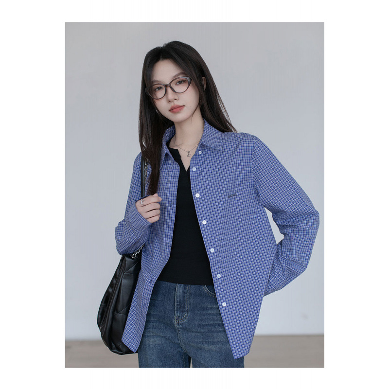 New Early Autumn Long-sleeved Elegant Top Coat High-end Sense Loose Blue Plaid Shirt for Small Women