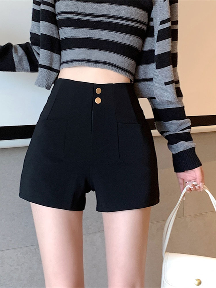 2024 Summer New Black Fashion Versatile High-Waisted A-Line Slimming Wide-Leg Shorts for Women