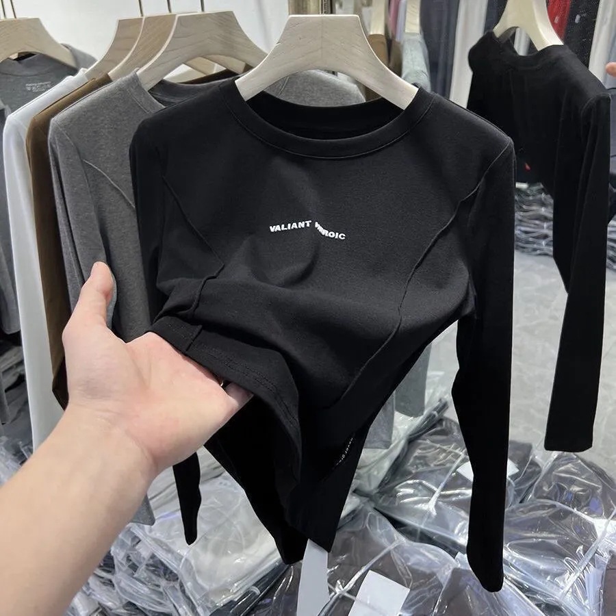 Autumn and winter new thickened double-sided velvet long-sleeved T-shirt with foreign-style niche base shirt warm white top trendy