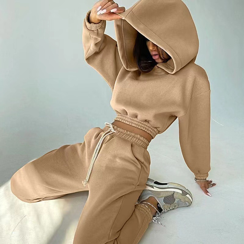 2025 European and American Cross-Border Export Sports Sweatshirt Set Long-Sleeved Hooded Sweatshirt Women's Autumn and Winter Velvet Two-Piece Set for Women