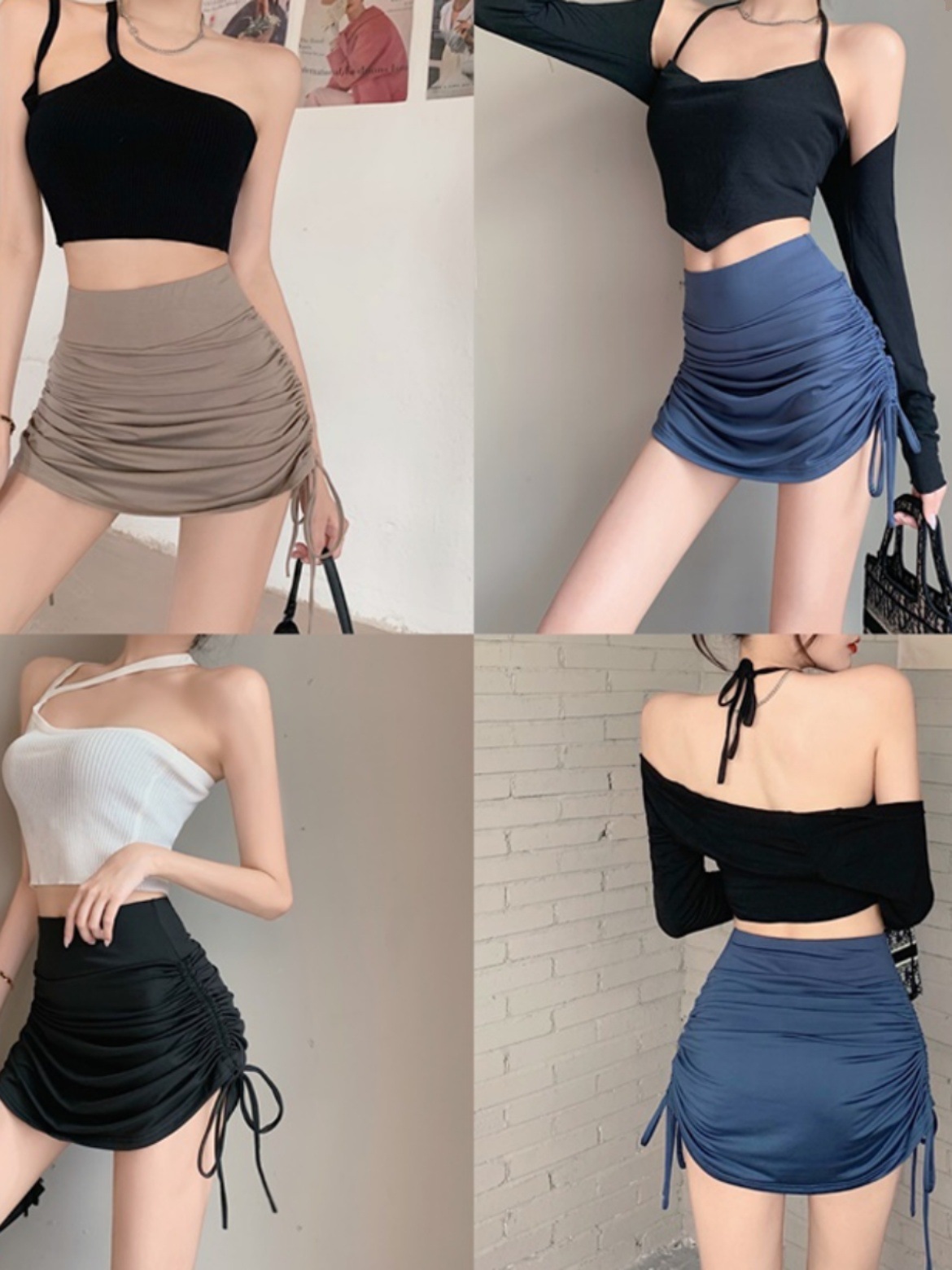 European and American Spice Girl Style Sexy Strap Drawstring Pleated Skirt Women's Slimming Half-length A- line Skirt Tight Dancing Fitness Skirt