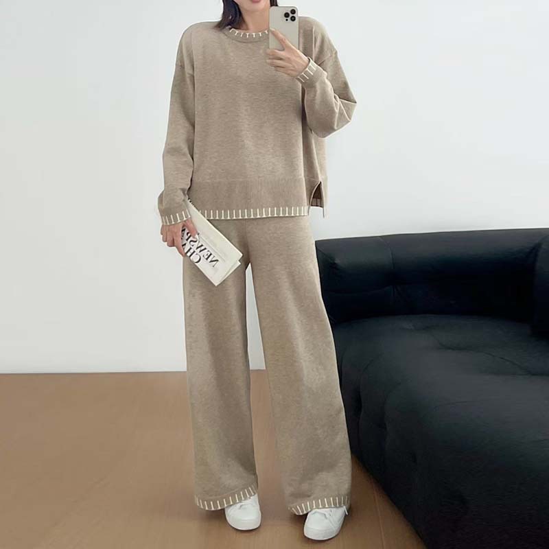 Cross-Border Amazon Autumn and Winter Knitted Suit Women's Two-Piece Contrasting Color Round Neck Long-Sleeved Sweater Trousers Fashion Suit